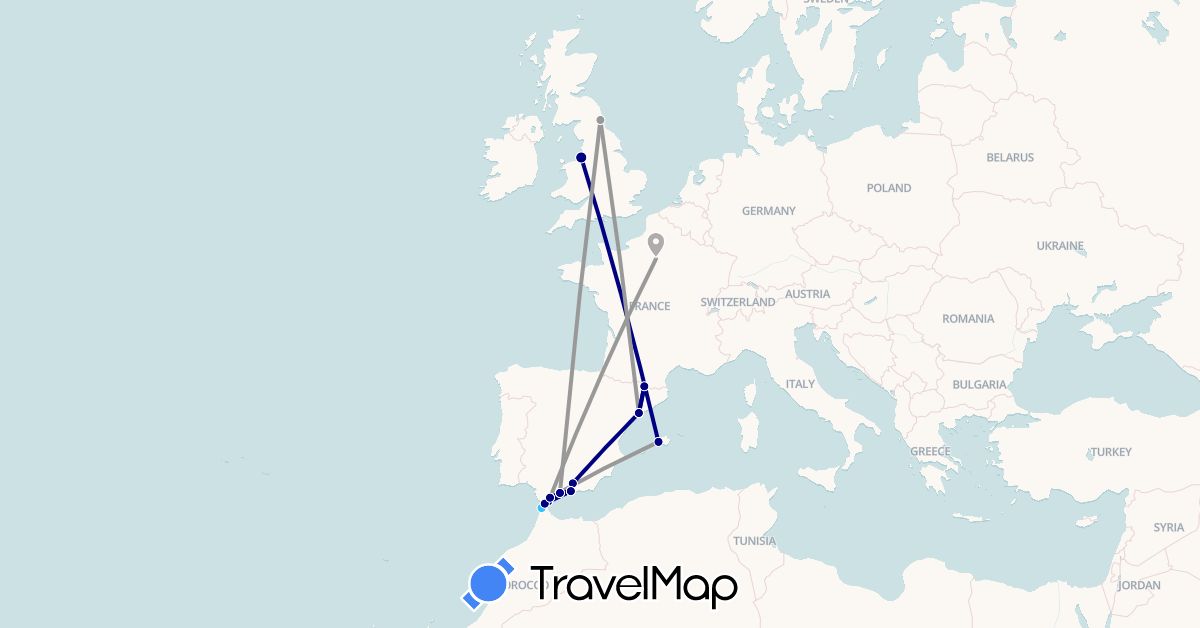 TravelMap itinerary: driving, plane, boat in Andorra, Spain, France, United Kingdom, Gibraltar, Morocco (Africa, Europe)